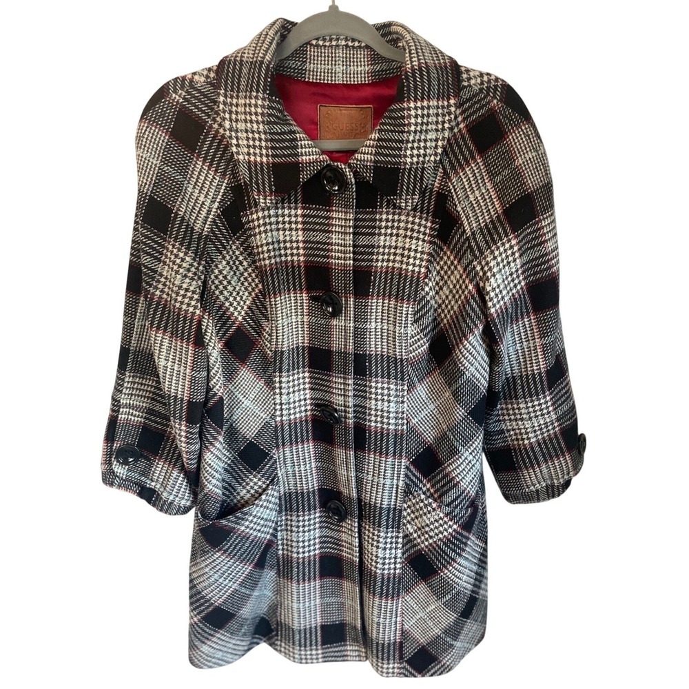 ⁠GUESS Plaid Swing Coat 3/4Sleeve Wool Blend Satin Lined Y2K Dark Academia Large